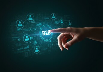 Human finger interacting with a glowing digital interface displaying b2b connections and data visualizations
