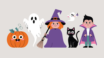 Flat vector illustration of cute Halloween characters – smiling pumpkin, ghost, witch, black cat, and vampire, in minimal cartoon style with soft colors