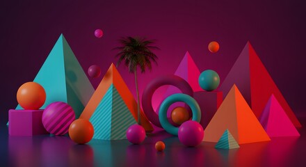 Abstract geometric composition with pyramids spheres and rings in vibrant neon colors