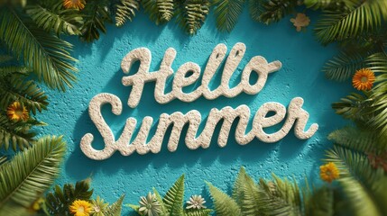 Hello summer rendered in ocean water and sand with splash effects against a blue background