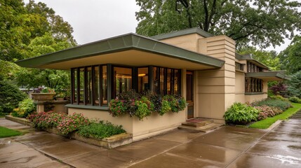 Fototapeta premium Beige modernist house with lush landscaping
