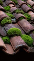 Rustic clay roof with natural moss growth depicting weathered charm and texture.