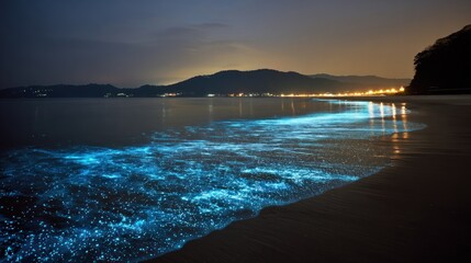 Bioluminescent beach at night