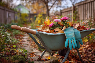 Wheelbarrow filled with colorful autumn leaves and vibrant flowers rests on a stone path in a serene garden