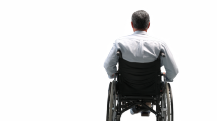 Mature man is seen from behind sitting in a wheelchair against a transparent background, isolated and ready for design work.