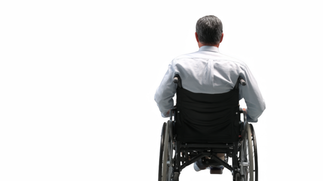Mature man is seen from behind sitting in a wheelchair against a transparent background, isolated and ready for design work.