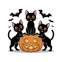 Halloween Trio: A whimsical Halloween illustration presents three charming black cats gathered around a carved pumpkin, with bats adding an eerie touch to the festive scene.