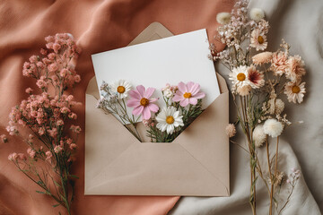 Floral arrangement featuring pink and white flowers in a brown envelope on a soft fabric background