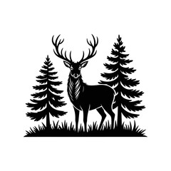 Majestic Stag Silhouette in Forest: A stunning black and white illustration showcases a regal stag standing proudly amidst stylized evergreen trees and grassy terrain.