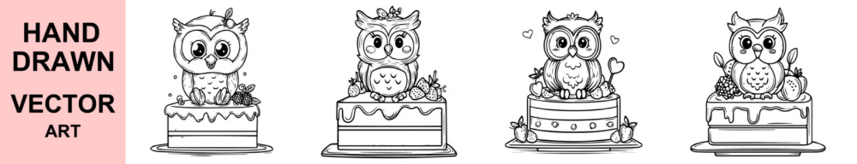 Cute hand drawn vector illustration of cartoon owl sitting on decorated cake with fruits and hearts for birthday party invitation or dessert theme