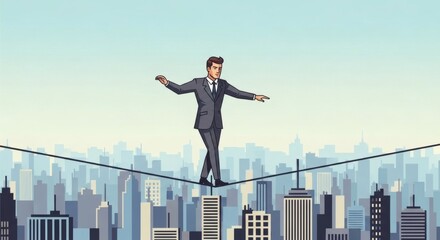 Conceptual businessman illustration navigating challenge on a tightrope above cityscape