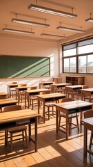 Empty classroom with wooden desks and sunlight chairs