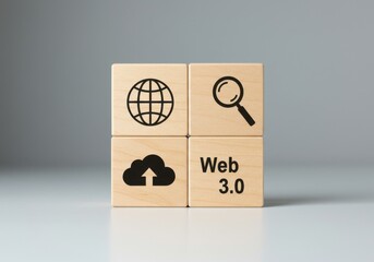 Wooden blocks illustrating web 3 0 concepts including cloud computing and internet search