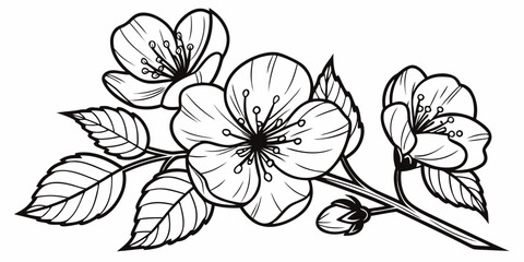 Delicate black and white cherry blossom branch with leaves and buds silhouette isolated on white background