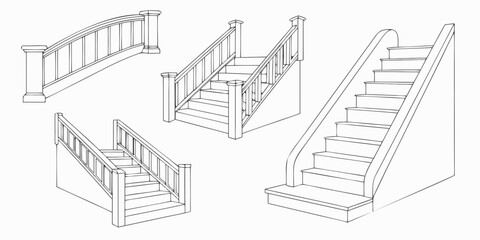 Collection of architectural stair designs with railings and banisters silhouette isolated on white background