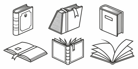 Collection of six different book illustrations in isometric view silhouette isolated on white background