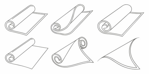 Collection of six different rolled and unrolled fabric or paper sheets silhouette isolated on white background