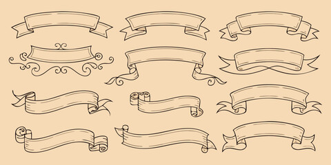 Collection of hand drawn ribbon banners and decorative elements silhouette isolated on white background