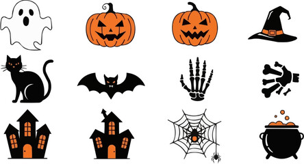 A collection of Halloween icons featuring ghosts, pumpkins, bats, witches' hats, and haunted houses.