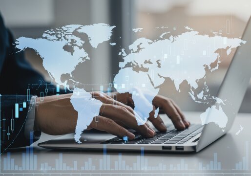 Global business operations and financial data analysis on a laptop - Powered by Adobe