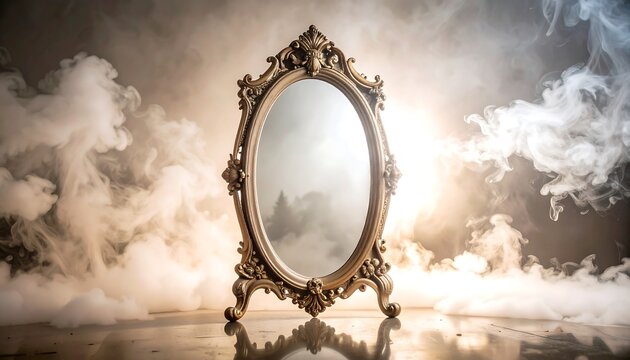 Ornate mirror in smoky, magical setting