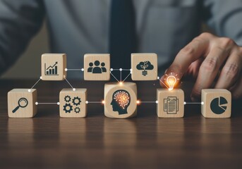 Business strategy development and execution visualized through interconnected wooden blocks with icons