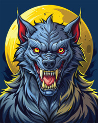 Terrifying Werewolf with Fiery Eyes Howling at the Yellow Moon in the Night