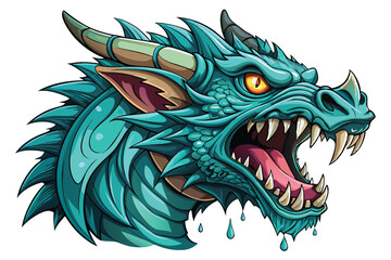 Fearsome Teal Dragon Head with Open Mouth and Sharp Teeth Vector Illustration