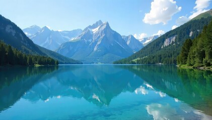 Fototapeta premium Tranquil lake reflecting a majestic mountain range under a clear blue sky; serene nature scene perfect for relaxation and escape , rocks, picturesque, reflection