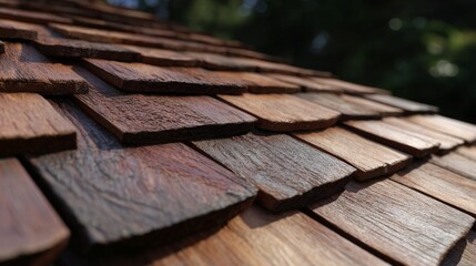Rustic hand cut wooden shake roof close-up for architectural design.