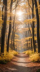 Golden autumn forest path sunlight filtering through trees
