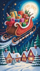 Festive sleigh full of gifts flying over snowy village
