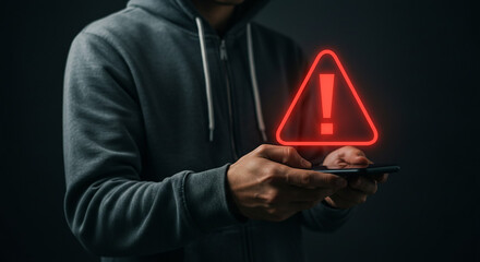 Person in hoodie using phone with red warning sign overlayed against a dark background image view