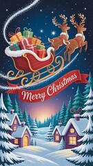 Reindeer sleigh flying over snowy village christmas