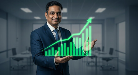 Businessman in suit presenting a green upward trending graph in a modern office space setting