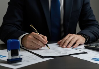 Professional businessman in a dark suit and blue tie signing important documents with a fountain pen at his desk