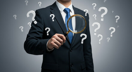 A man in a suit holding a magnifying glass surrounded by question marks on a gray background