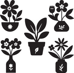 Flower tub silhouette vector, Set of flower, Flower tub set, set of black and white flowers icons.