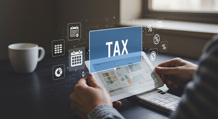 Person using tablet with tax overlay and calendar icons on a dark table with a white mug