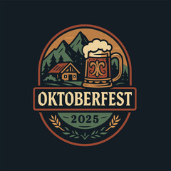 Oktoberfest 2025 Classic Beer and Mountain Design Logo Bavarian Beer Festival Emblem