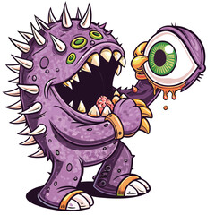 Fototapeta premium Spiky Purple Monster Holds Giant Eyeball Cartoon Illustration