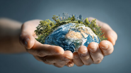 business hands holding the green world for the Sustainable Development Goals.Corporate social responsibility CSR.World Environment Day. Responsibility for the environment. Save and protect the world.