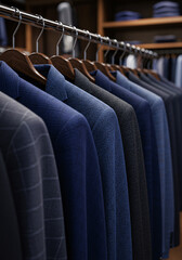 Obraz premium An Elegant Display of Tailored Men's Suits Hanging on a Rack in a Luxury Boutique
