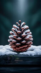 Snowy pinecone on dark wood winter nature