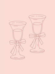 Minimalist pink line art of two wine glasses with bows. Elegant hand-drawn style for celebration, romance, or wedding-themed designs.

