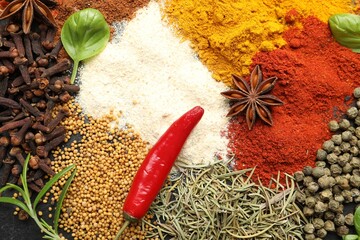 Different aromatic spices as background, closeup view