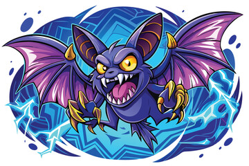 Cartoon Bat Character with Lightning Background in a Colorful and Dynamic Style