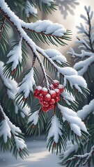 Snow covered pine branch with red berries winter nature