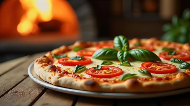 Cheese bubbles atop wood fired pizza basil leaves wilting hot tomato aroma oven glow visible forty plus word headline flags appetising ultra HD detail rustic authenticity marketing potency pizzeria