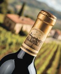 Close-up of wine bottle with vintage cork and vineyard blurred in the background under warm light

